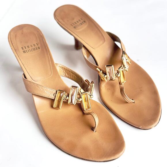Stuart Weitzman Jewel Embellished Thong Heels Sandals in Tan Gold 8 - Picture 1 of 13